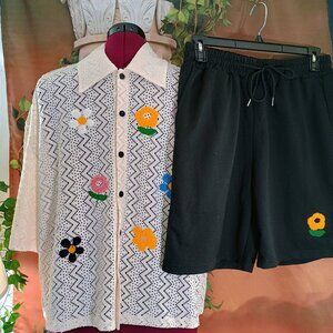 NWT: ROMWE Sz Large White & Black Floral Crochet Knit Shirt and Shorts Set